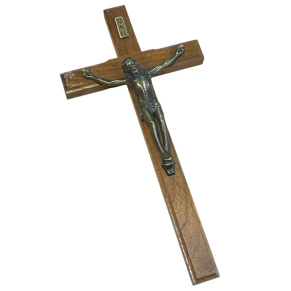 Vintage Wood Wall Crucifix Brass Corpus Jesus Cross INRI 10